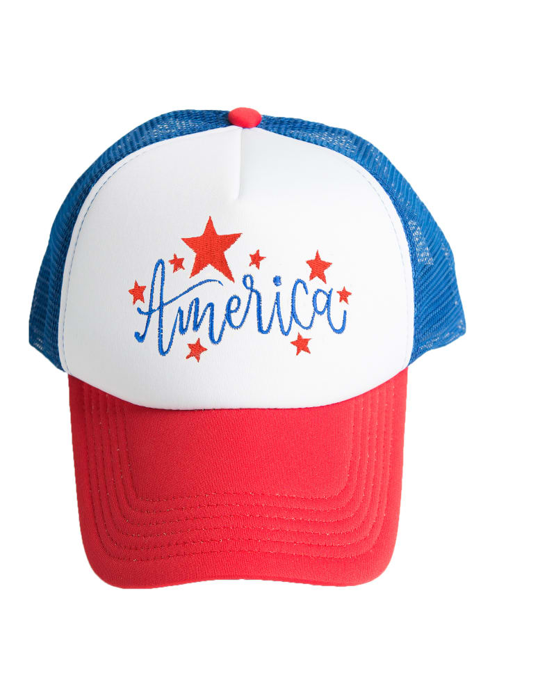 Front of a size One Size America Stars Foam Tucker Hat in White/Red/Royal by Simply Sage Market. | dia_product_style_image_id:294599